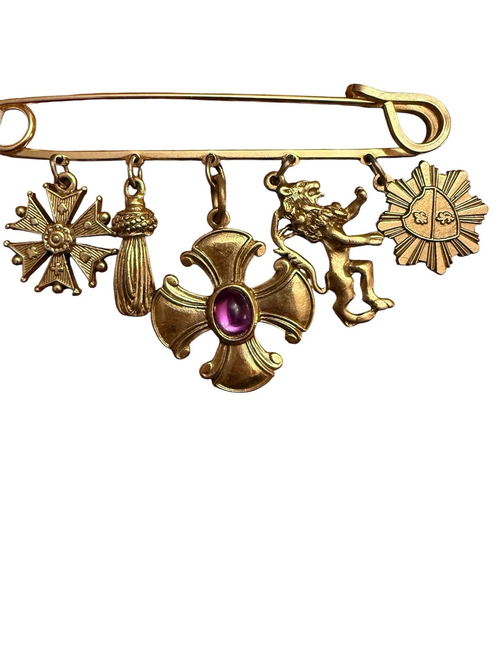 Vintage Gold Tone charm Brooch featuring a Maltese and a Lion plus other Charms